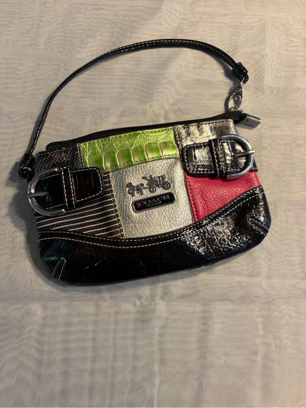 Coach Patchwork Leather Wristlet in Black, Green & Pink
